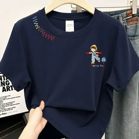 藏青色女孩印花短袖t恤女士夏季2025新款韩版宽松设计感小众上衣商品大图