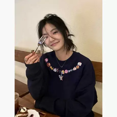 韩系慵懒风大码圆领卫衣女装oversize宽松秋冬加绒加厚长袖上衣潮商品大图