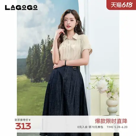 LAGOGO翻领宽松短袖衬衫女拉谷谷2025夏季新款通勤上衣OACC234F13商品大图
