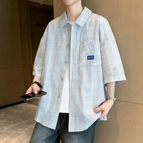 港风格子衬衫男夏季新款潮牌宽松纯棉翻领短袖衬衣男半袖寸衫外套商品大图