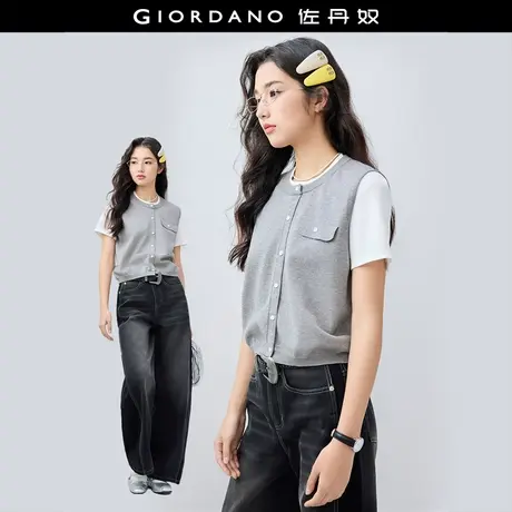 佐丹奴针织短袖毛衣女假两件拼接撞色圆领抗起球毛针织衫18355604商品大图