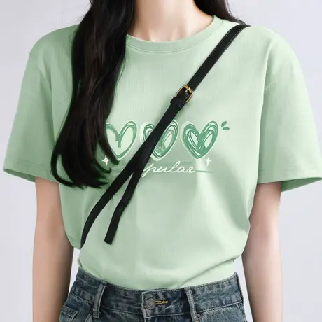 KWV真维斯浅绿色短袖t恤女2025夏独特超好看单穿上衣宽松独特印花图片