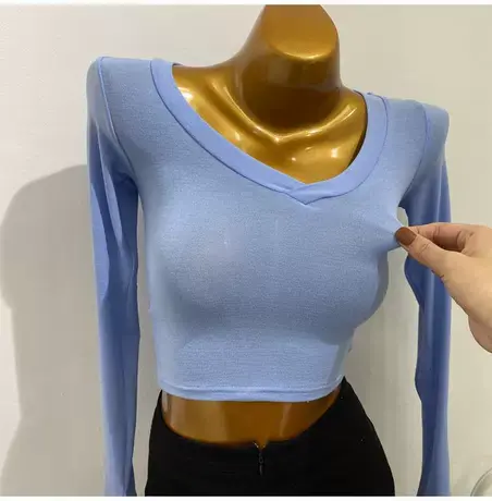 早春新款！韩版性感微透短款打底衫修身Ｖ领薄款气质长袖T恤女新商品大图