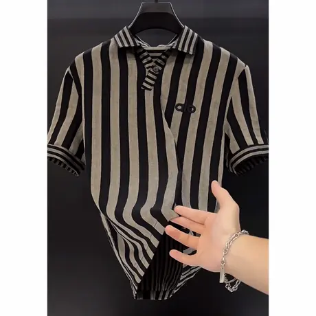 2025夏季新款男士短袖T恤时尚潮流条纹上衣男装男款半袖POLO衫男商品大图