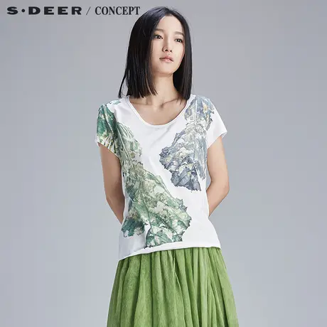 S·DEER【新品】圣迪奥细腻笔触晕染印花短款T恤女 短袖S16280113图片