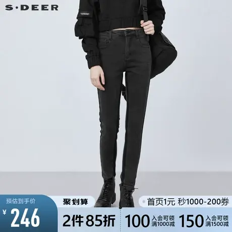 sdeer圣迪奥2021秋冬款水洗做旧磨破牛仔裤紧身弹力长裤S21460823图片