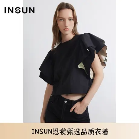 INSUN恩裳夏季减龄个性袖撞色百搭棉质T恤图片