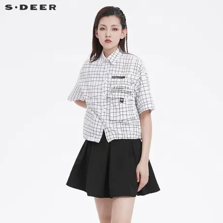 sdeer圣迪奥女装休闲翻领撞色字母格纹短袖衬衫S22260403图片