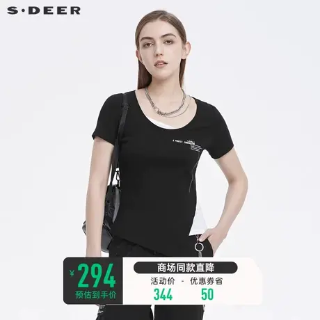 sdeer圣迪奥夏装个性圆领撞色拼接字母黑色打底短袖T恤S22280105图片
