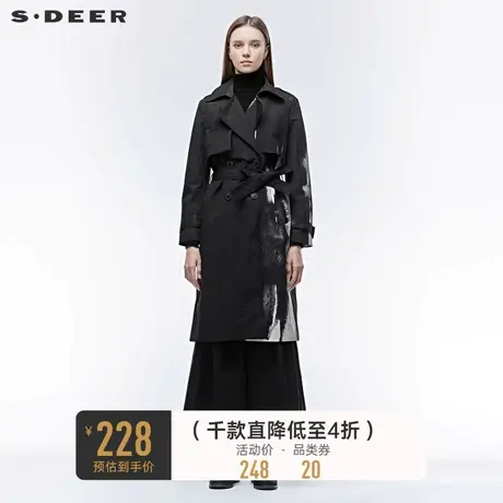 sdeer圣迪奥女装翻领双排扣水墨晕染开衩中长款收腰风衣S19381843图片