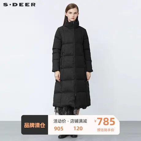 sdeer圣迪奥女装个性高领肌理褶皱拼接抽绳长款羽绒服S21482407图片