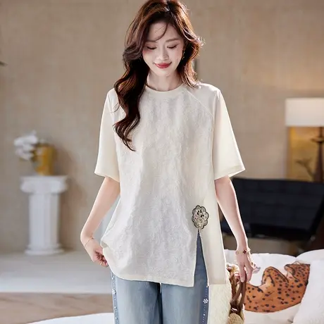 宝诗黎圆领提花拼接短袖T恤2025夏季新中式简约宽松休闲国风上衣图片