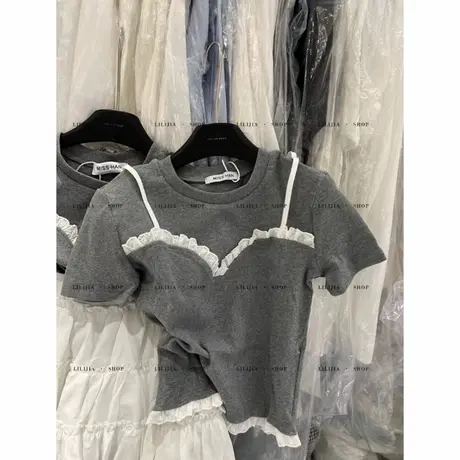 韩国东大门夏季新款蕾丝花边短袖T恤女修身百搭休闲辣妹正肩上衣商品大图