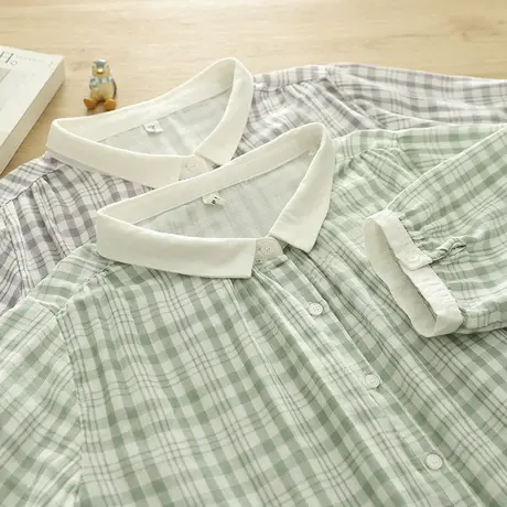 夏季韩版文艺纯棉双层纱格子中袖白衬衫女宽松休闲五分袖上衣百搭商品大图