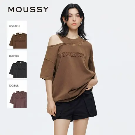 MOUSSY 2025夏季新品复古斜肩镂空字母印花宽松T恤028ISZ90-3431图片