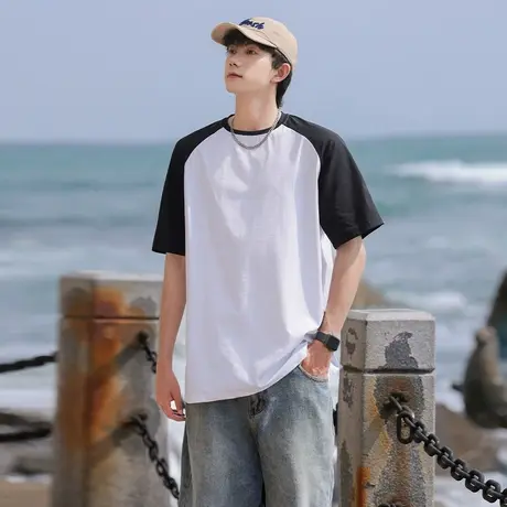 回力美式撞色插肩短袖男士夏季2025新款重磅冰丝宽松吸湿速干t恤图片