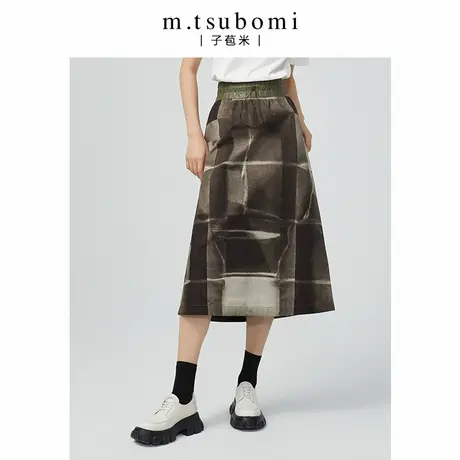 mtsubomi/子苞米高腰A摆半身裙23年春季新款格子设计感休闲长裙女商品大图