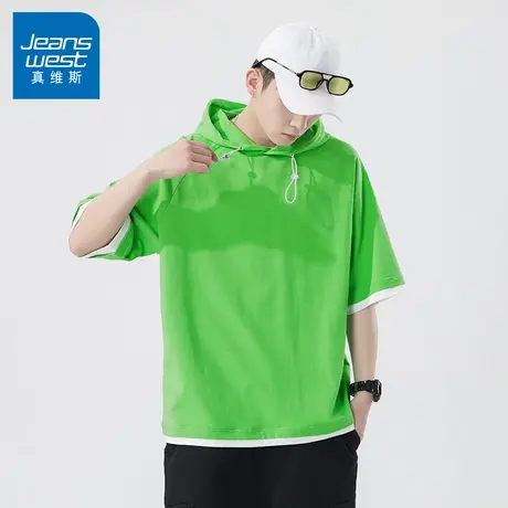 N5真维斯短袖T恤男2025夏季新款美式潮牌夏装男生连帽半袖上衣服t商品大图