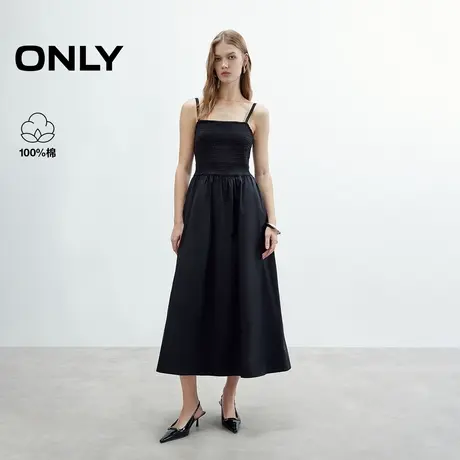 ONLY2025夏季新款优雅吊带方领弹力压褶中长裙小黑裙连衣裙女商品大图