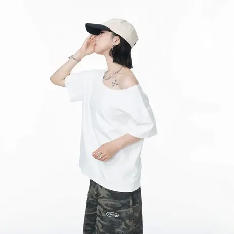 2025夏季新款一字领斜肩短袖T恤女辣妹风休闲宽松显瘦半袖上衣图片