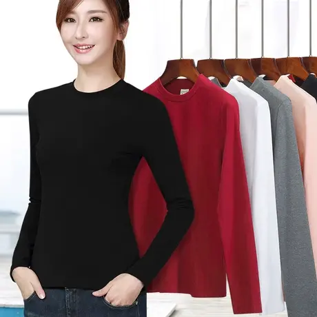黑色长袖t恤女小圆领女装打底衫内搭上衣秋衣螺纹高弹力单件体恤商品大图