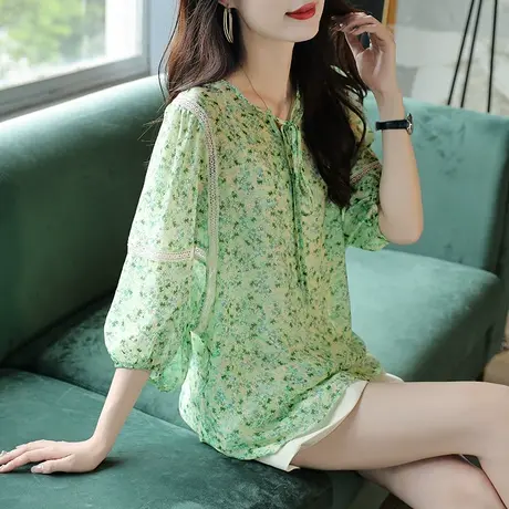 宝诗黎碎花系带雪纺衫蕾丝拼接气质小衫2025夏季新款宽松短上衣女商品大图