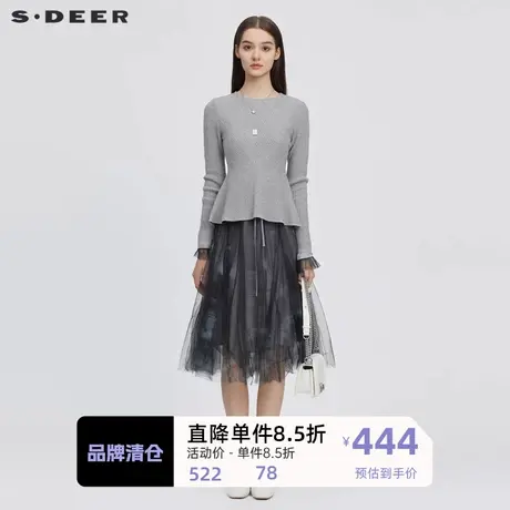 S·DEER圣迪奥女装圆领印花网纱针织衫连衣裙套装S223Z1420商品大图