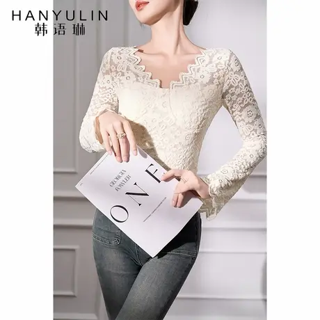 韩语琳蕾丝长袖衬衫2025新款女轻奢高级感打底衫短款修身内搭上衣商品大图