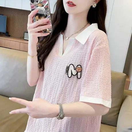 翻领polo衫短袖t恤女夏季韩版宽松大码女装撞色百搭假两件上衣服图片