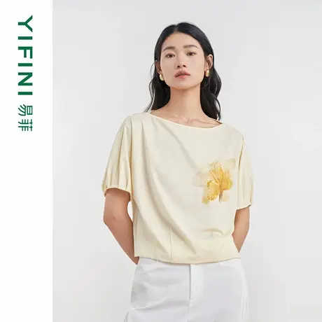 [专柜同款]Yifini/易菲宽松短款立体裁剪印花亮片绣花时尚T恤上衣商品大图