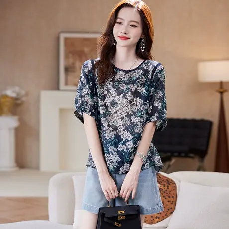 宝诗黎【新品价138元】圆领印花五分袖衬衫CCB2048商品大图