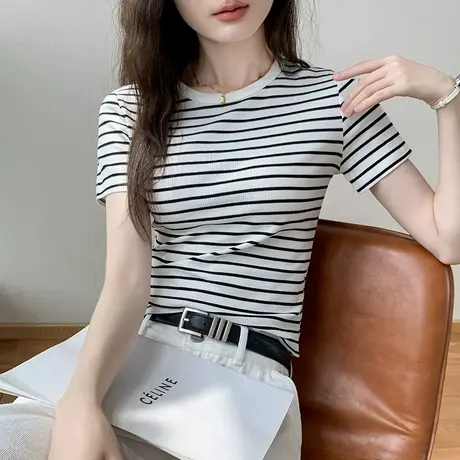 圆领黑白条纹短袖t恤女2025春季新款修身显瘦正肩上衣内搭打底衫图片