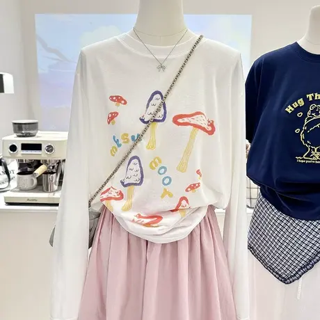 夏季简约韩系薄款蘑菇创意印花宽松显瘦白色长袖T恤女防晒衫罩衫商品大图