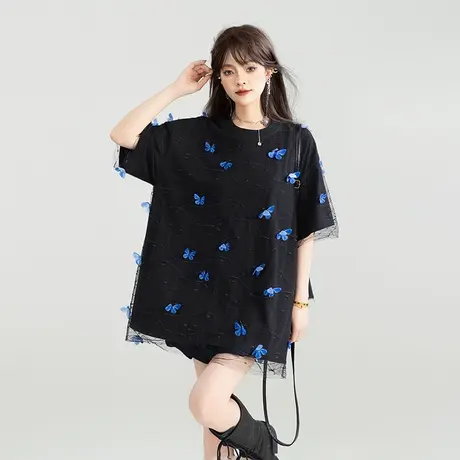 【呼呼严选专享】KEIKO 2025夏季仙灵蝴蝶花薄纱拼接T恤女图片