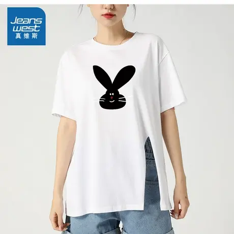 LV真维斯女装2025夏季新款 时尚百搭设计感开叉印花纯棉短袖T恤商品大图