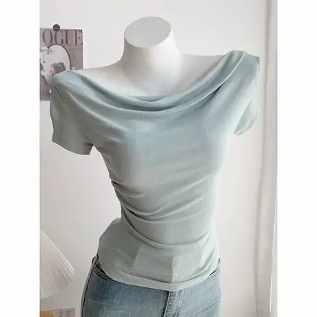2023夏季褶皱不规则露肩荡领短袖t恤小众设计感纯欲辣妹上衣商品大图