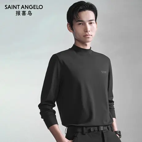 报喜鸟秋季新款男士生活休闲长袖T恤衫半高领时尚针织长T上衣黑色商品大图