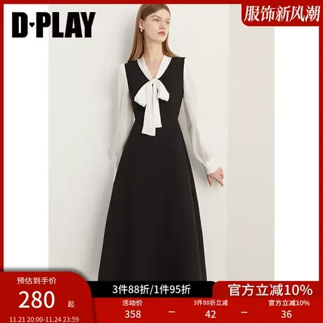 DPLAY秋法式黑拼白撞色鎏光纱系带蝴蝶结连衣裙小黑裙轻礼服图片