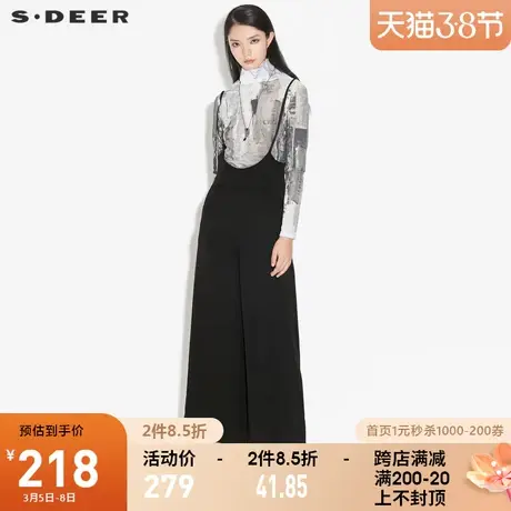 sdeer圣迪奥春装简约高腰压褶黑色阔腿背带裤女S21360830图片