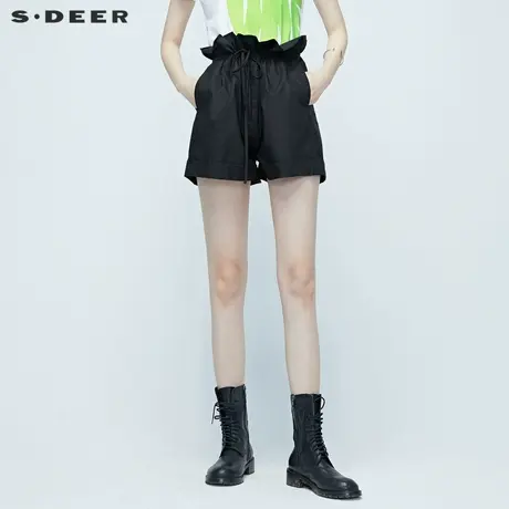sdeer圣迪奥女装宽松系带花边细褶A字黑色高腰休闲短裤S20280908图片