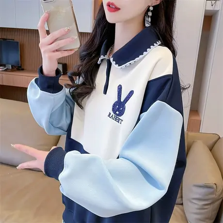 polo领卫衣女秋冬韩版宽松大码女装加绒加厚初中生假两件上衣外套图片