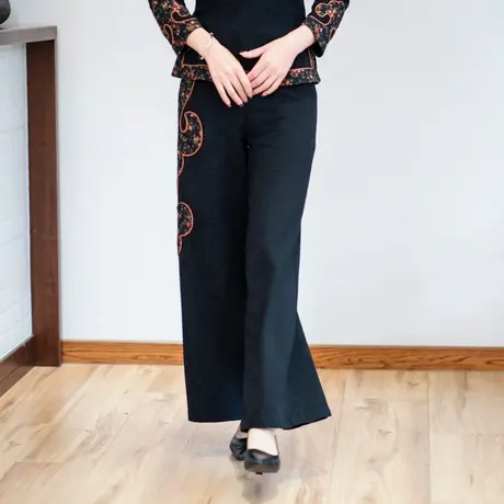 筠雅春秋新款中国风裤子黑色复古改良直筒裤中式女装休闲裤24J097商品大图