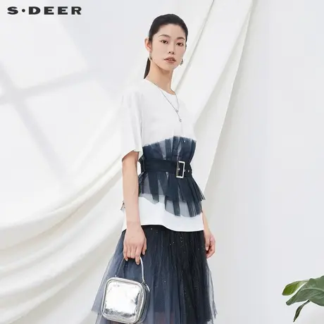 sdeer圣迪奥女装圆领撞色网纱拼接收腰短袖T恤S22280180图片