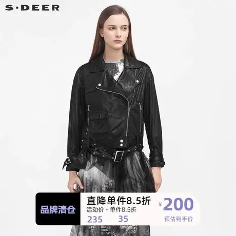 sdeer圣迪奥女装个性翻领斜襟收腰肌理皮夹克黑色外套S21162213图片