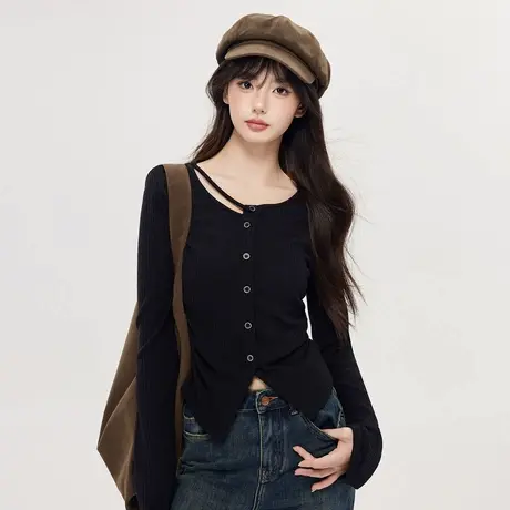 秋季新款不规则设计T恤女2024新款长袖显瘦复古法式修身设计感图片