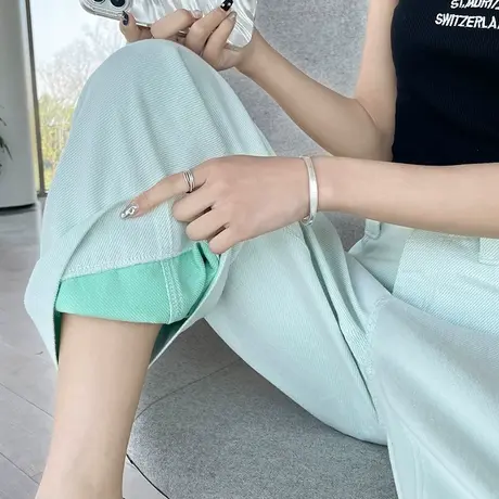 绿色阔腿裤女春夏薄款高腰显瘦宽松休闲小个子八九分裤直筒牛仔裤商品大图