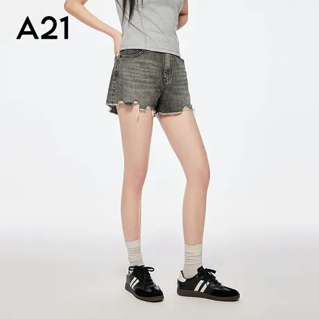 A21女装深灰水洗磨破毛边牛仔短裤简约休闲显瘦阔腿裤宽松显瘦商品大图