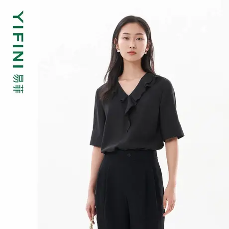 [专柜同款]Yifini/易菲荷叶边V领三醋酸宽松短款衬衫套头衫女夏新商品大图