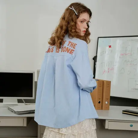 a02【100%棉】美式条纹印花慵懒风小衫2025春季宽松女式衬衫商品大图