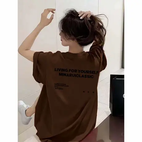 美式复古棕色字母短袖oversize高街情侣装t恤女夏季大版宽松上衣商品大图